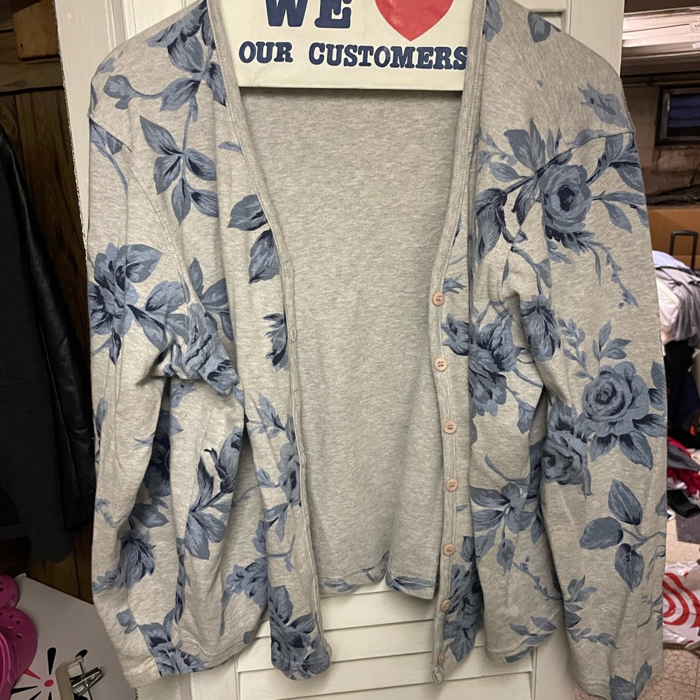Chaus Gray button down Cardigan with Blue Floral Print